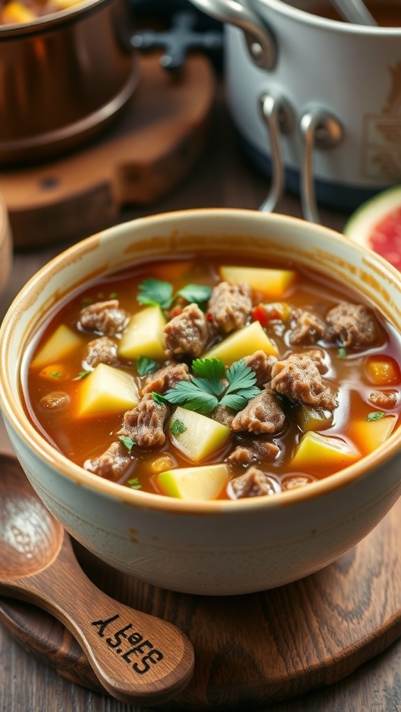 A bowl of hamburger zucchini soup with ground beef and zucchini in broth, garnished with parsley, on a rustic kitchen table.